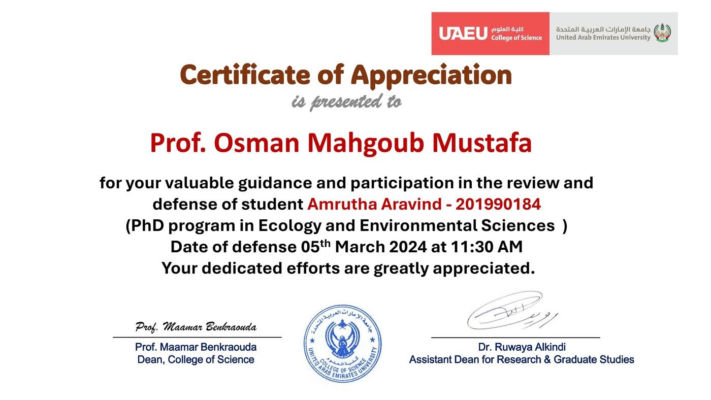 Certificate of appreciation from the College of Science, United Arab Emirates University.